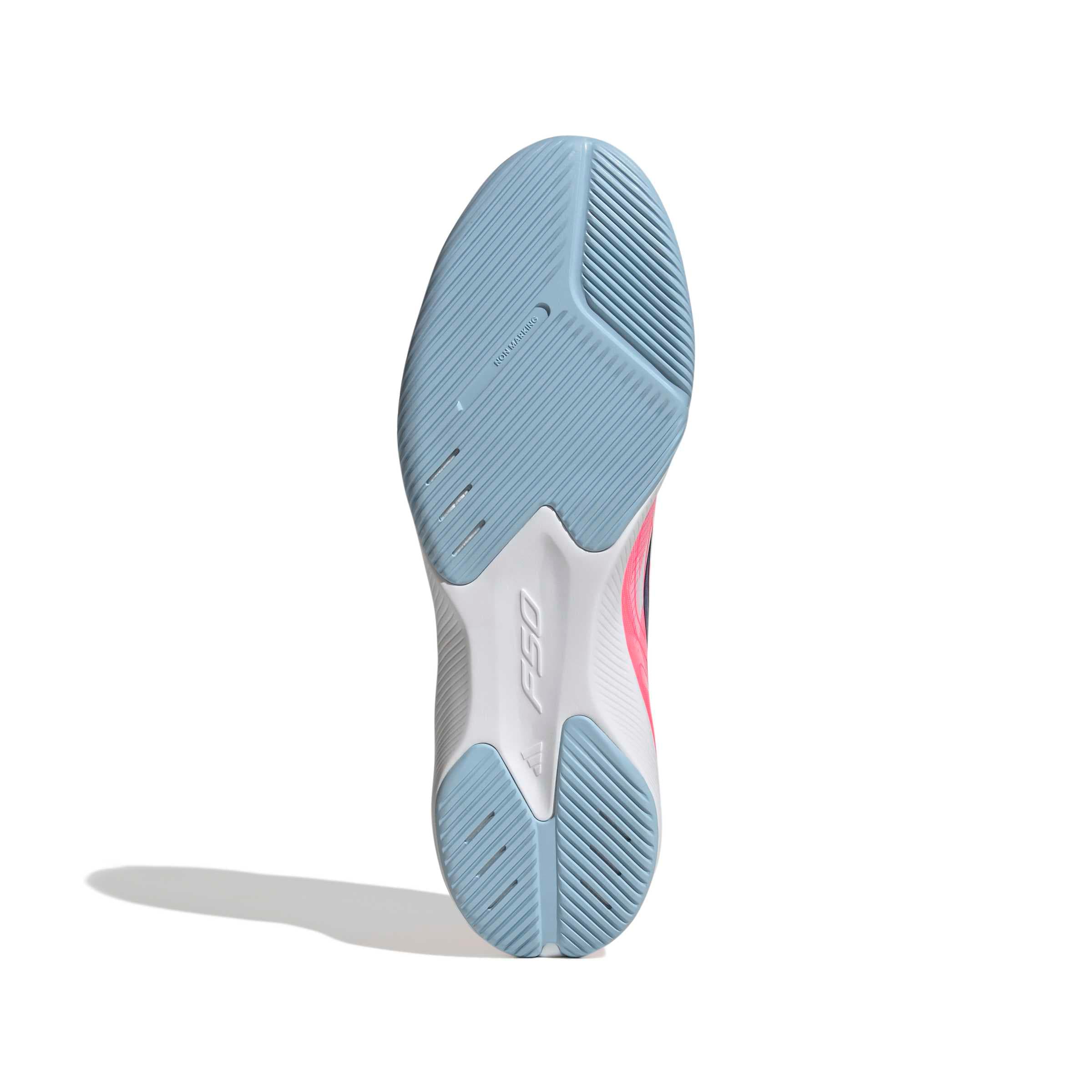 adidas F50 Hyperfast League IC indoor soccer cleat in silver, navy and pink with non-marking rubber outsole