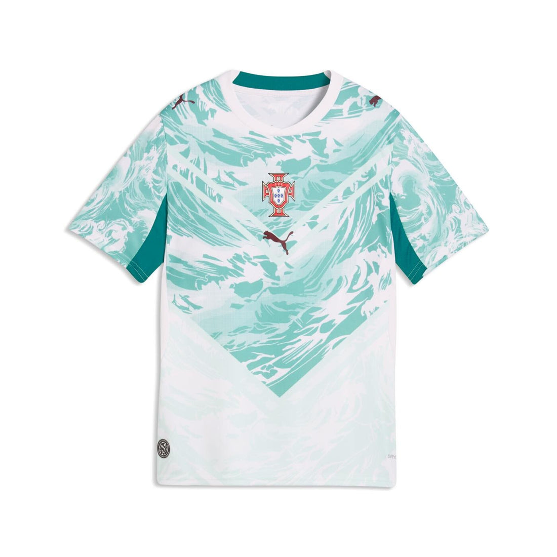 Portugal 2026 Away Jersey Youth front view in white and lagoon green with Portugal crest