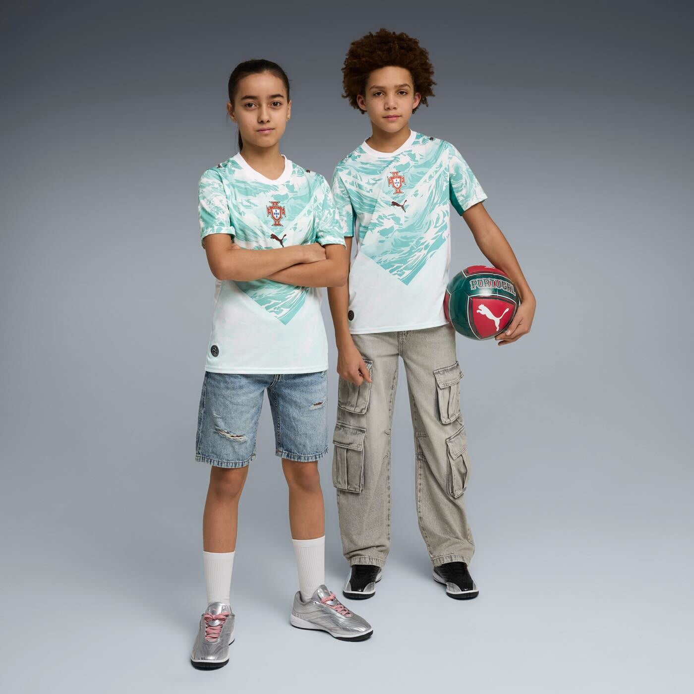 Young model wearing Portugal 2026 Away Jersey Youth full outfit front view