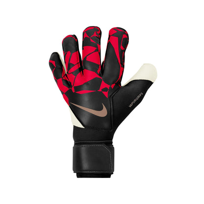 Nike Grip3 Soccer Gloves in black, red and beige with adjustable wrist strap.
