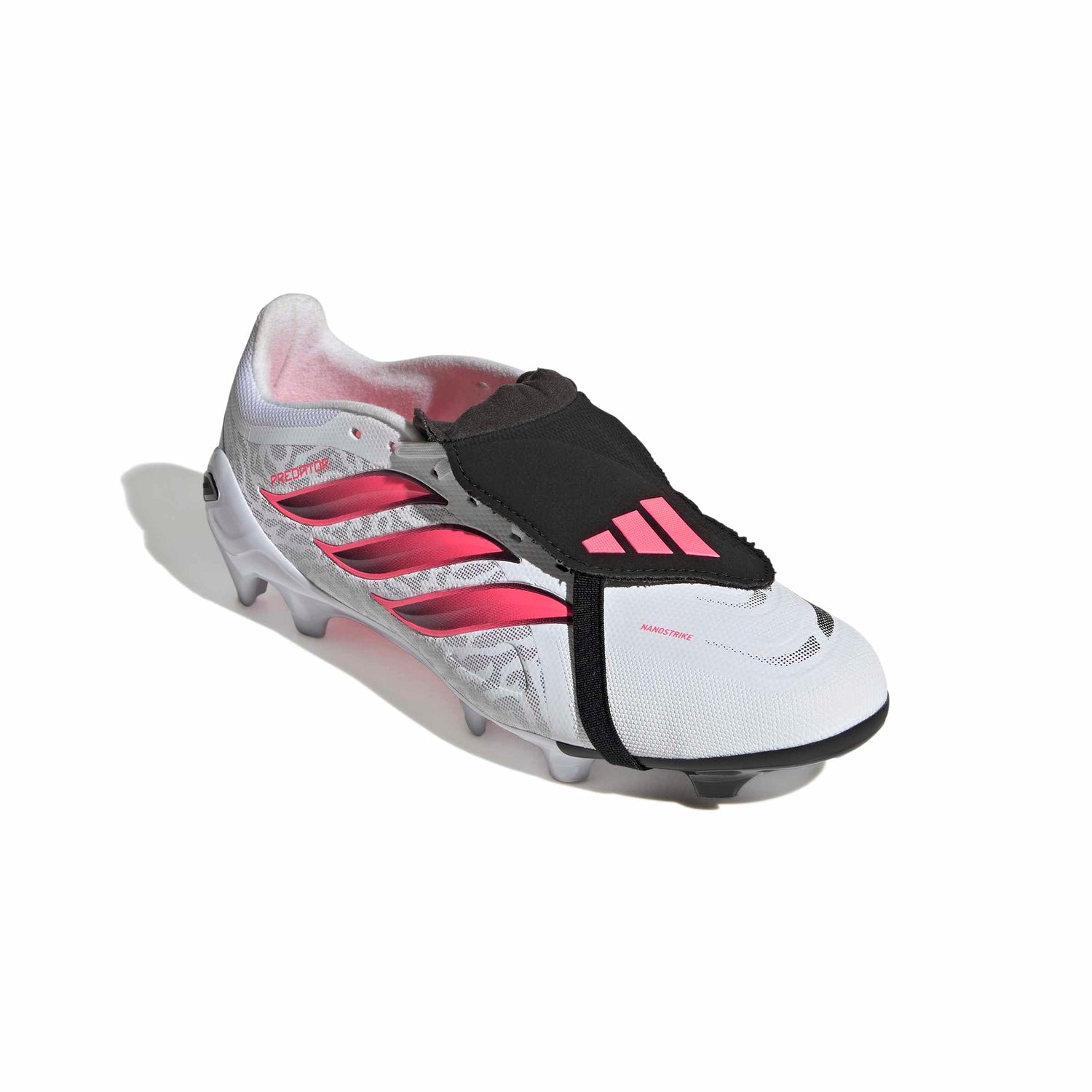 adidas Predator League Fold-Over Tongue FG soccer cleats in white, pink and black with classic fold-over tongue