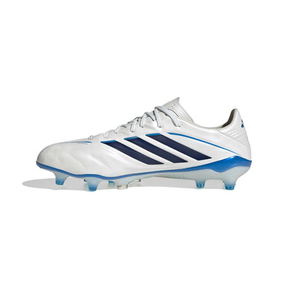 adidas Copa Pure IV Elite FG soccer cleat in white and blue with firm-ground outsole