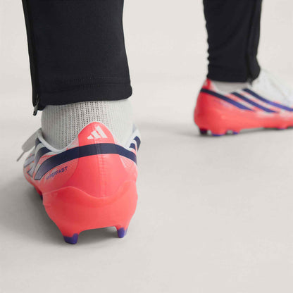 adidas F50 Hyperfast League FG soccer cleats in white, pink and navy with firm-ground outsole