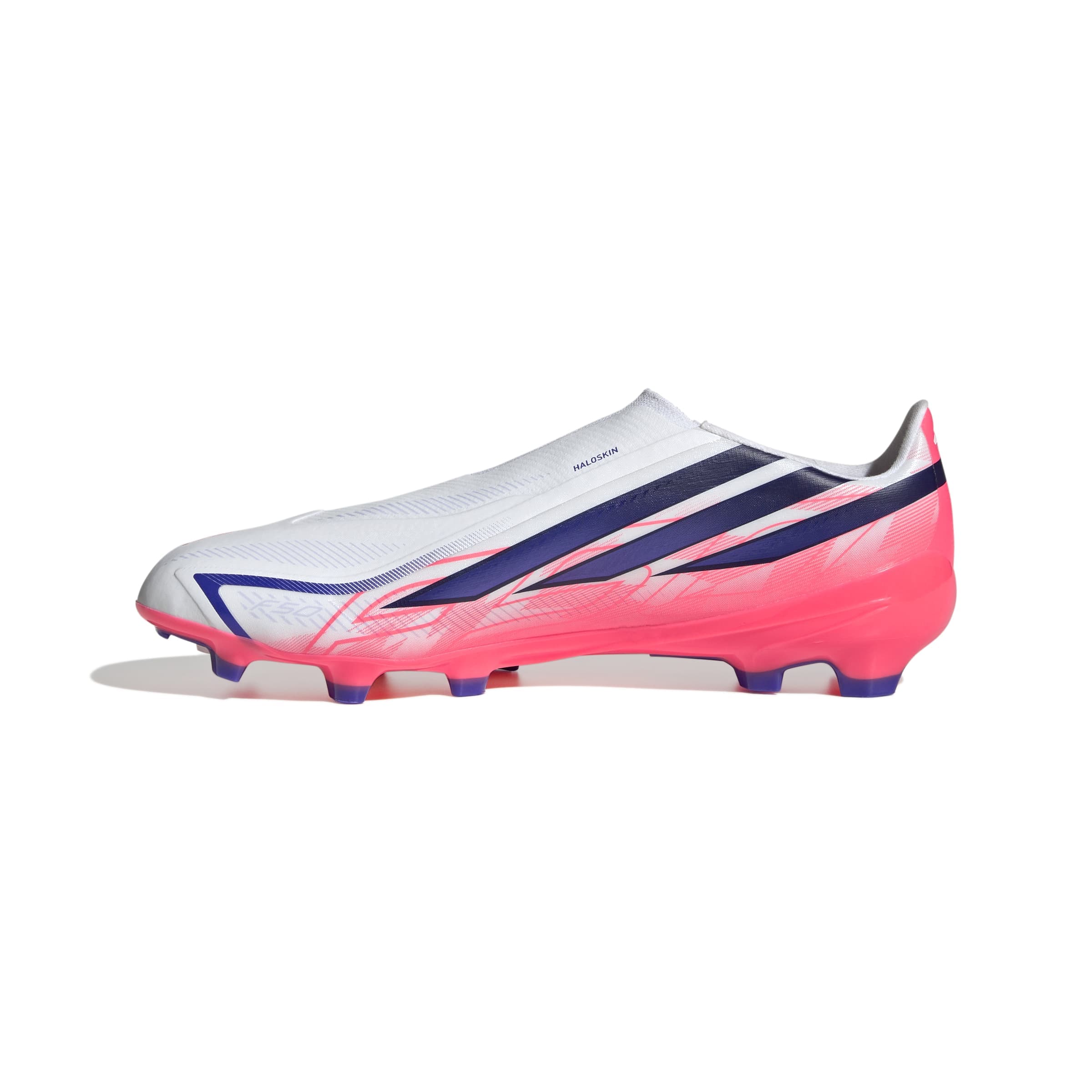 adidas F50 Hyperfast League Laceless FG soccer cleats in silver, navy and pink with firm-ground outsole