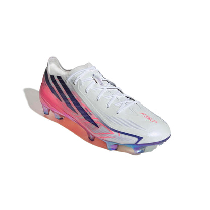 adidas F50 Hyperfast Elite FG soccer cleat in silver, navy and pink with firm-ground outsole