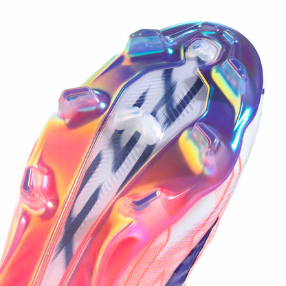 adidas F50 Hyperfast Elite FG soccer cleat in silver, navy and pink with firm-ground outsole